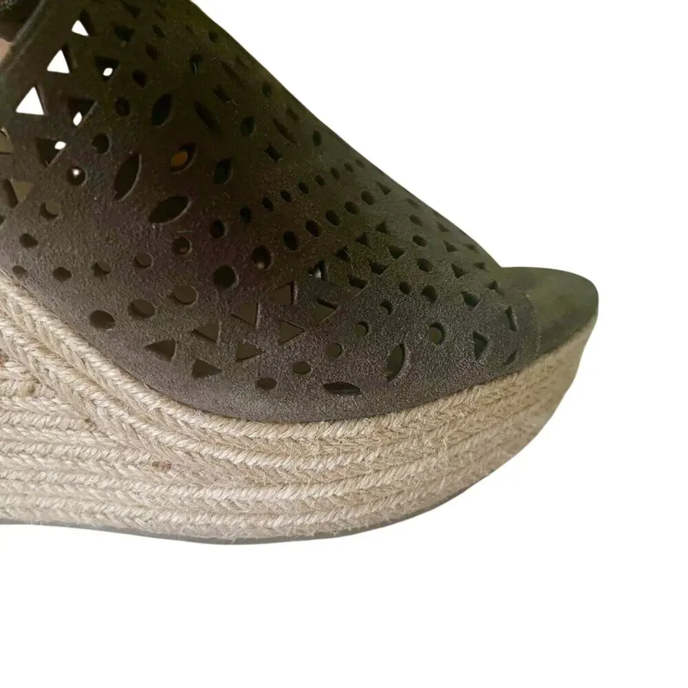 NEW Marc Fisher Hasina Olive Suede Laser Cut Espadrille Wedge Sandals Shoes